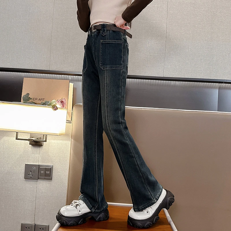 女童加绒牛仔裤秋冬2023新款儿童加厚裤子中大童冬装显瘦微喇叭裤