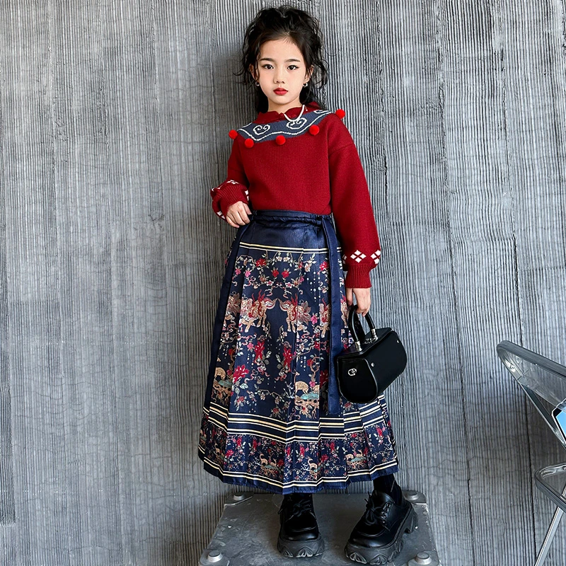 女童冬款汉服套装2023新款女孩红色古风唐装长款毛衣马面裙拜年服