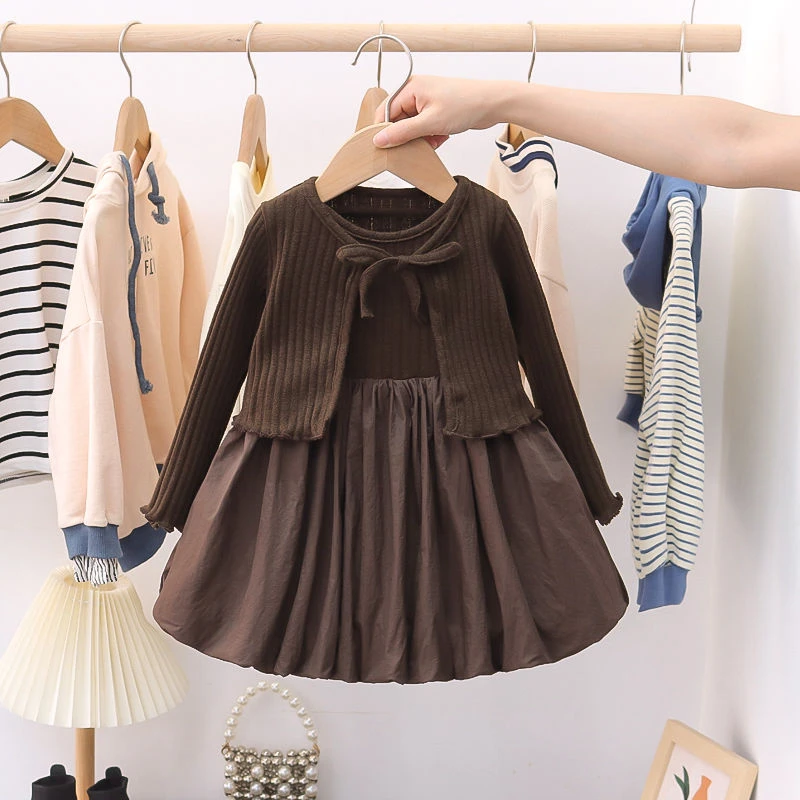 2024春款两件套女童连衣裙套装女宝宝长袖针织开衫花苞裙蓬蓬裙