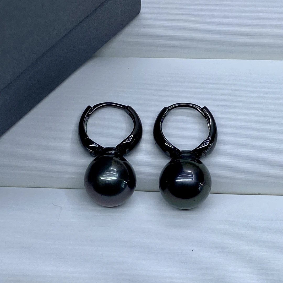 海水大溪地黑珍珠胖水桶耳扣黑银9-10