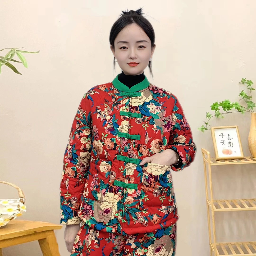 东北大花棉袄冬季时尚加绒加厚棉服立领棉衣棉裤女士冬季外穿套装