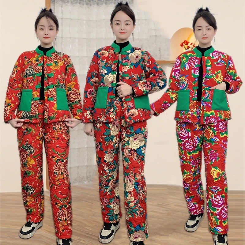 东北大花棉袄新中式套装女冬季加厚棉衣棉裤两件套棉服演出服外穿