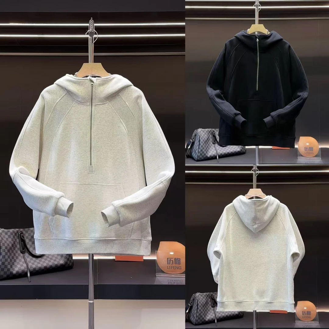 痞帅高街小众纯色百搭立体裁剪设计男士秋冬半拉链连帽加绒卫衣