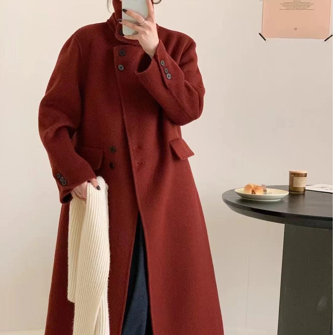 阿莫图冬季新款1099双面羊绒大衣气质时尚百搭红色宽松长款韩版