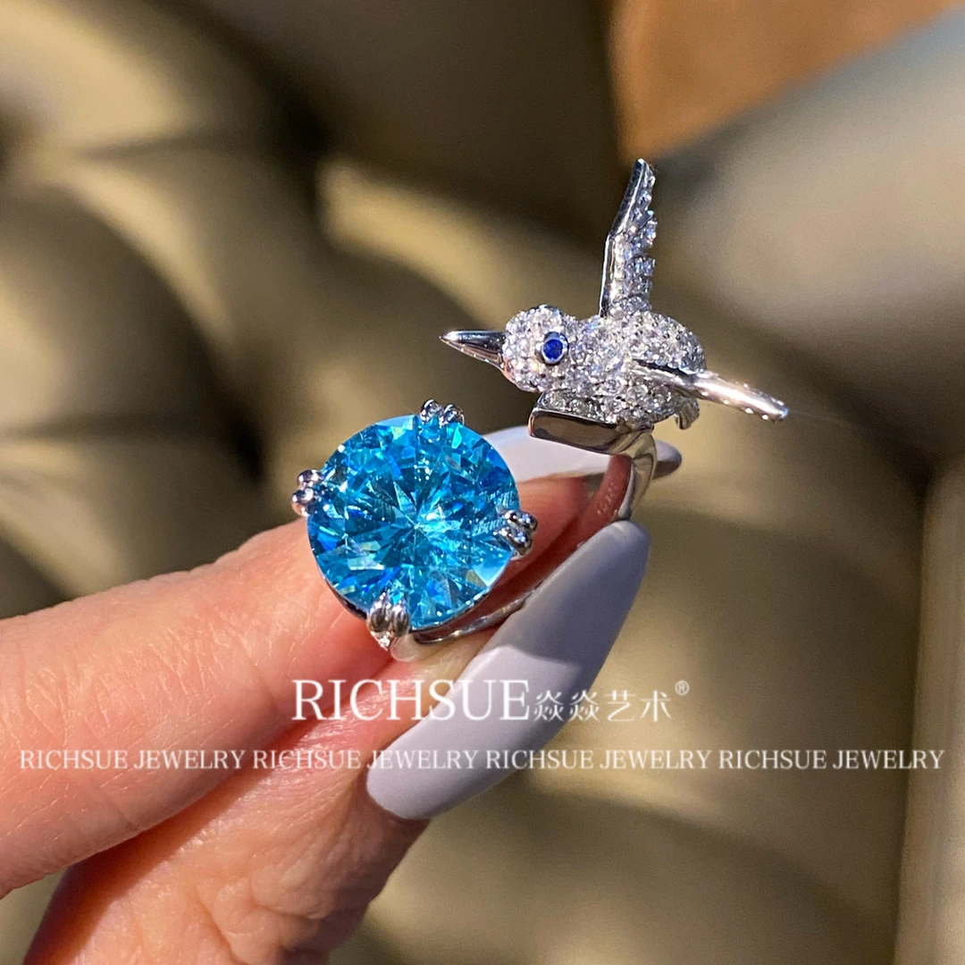 非金属合成锆石戒指 RICHSUE 海鸥戒指 s925银镀金 高级设计6ct