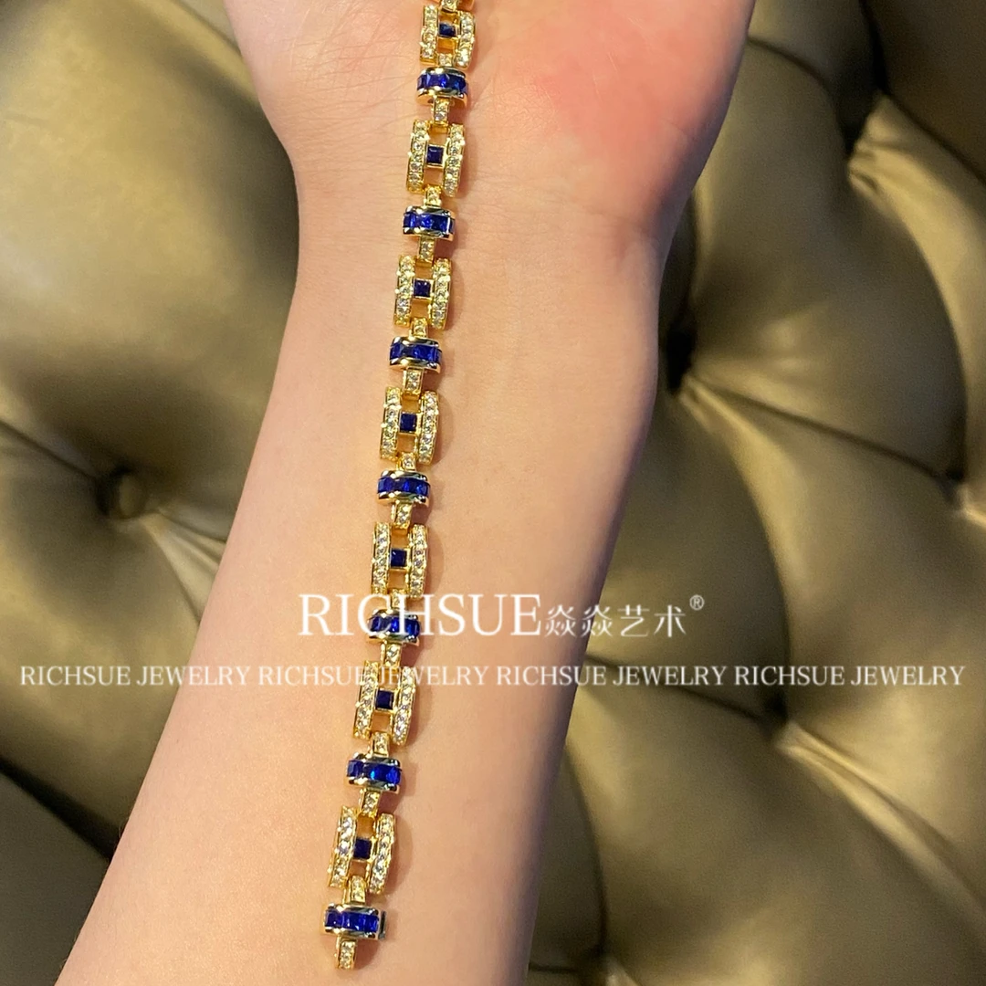 925银合成锆石手链 RICHSEU 中古蓝色猪鼻子手链 s925银镀金