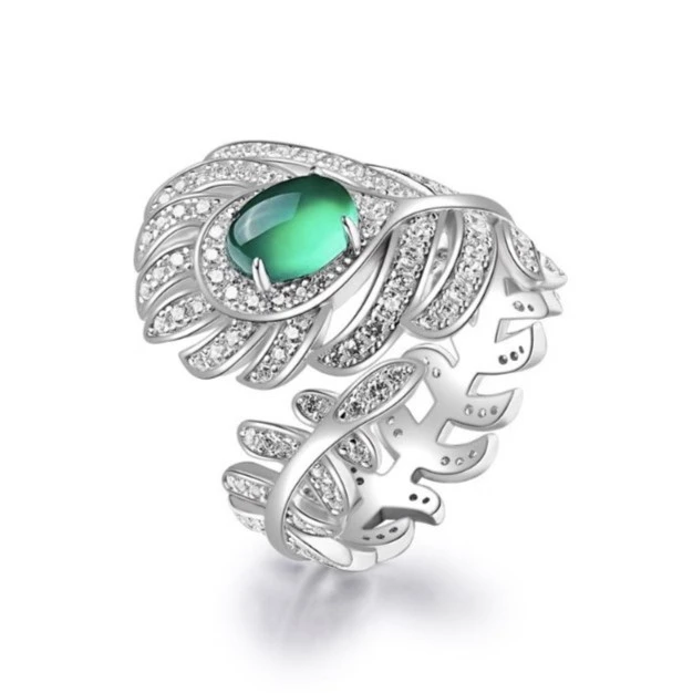 非金属合成锆石戒指 RICHSUE 羽毛蛋面绿色戒指 s925银镀金 复古