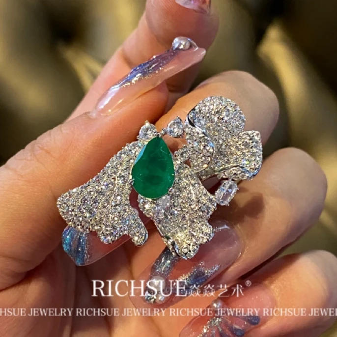 925银合成锆石戒指 【RICHSUE】水滴绿色戒指 小众设计法式 s925银