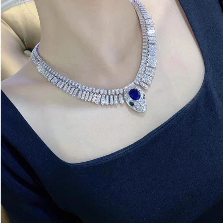 非金属合成锆石项链 RICHSUE 高定蓝色蛇套链项链 s925银 宫廷风