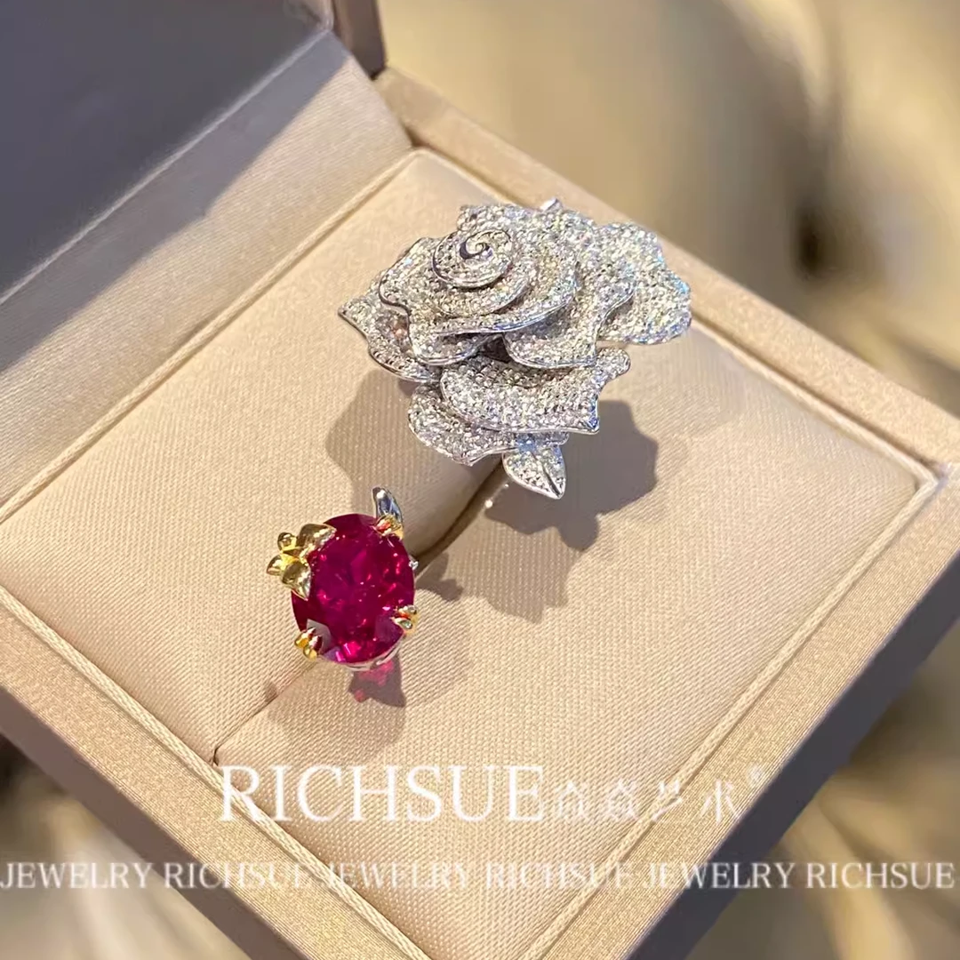 非金属合成锆石戒指 RICHSUE 开口山茶花红色戒指 s925银 轻奢
