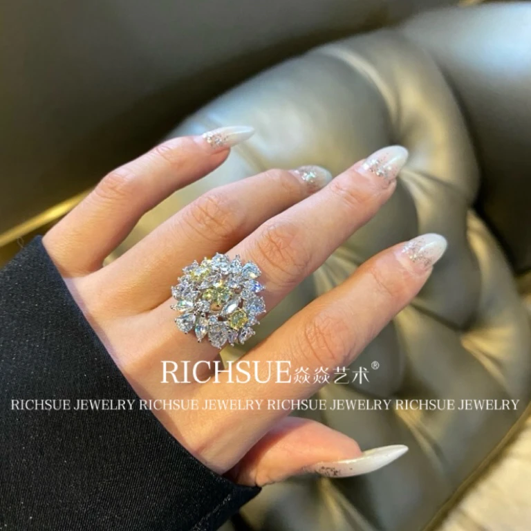 非金属合成锆石戒指 RICHSUE 黄色戒指百搭设计立体戒指 s925银