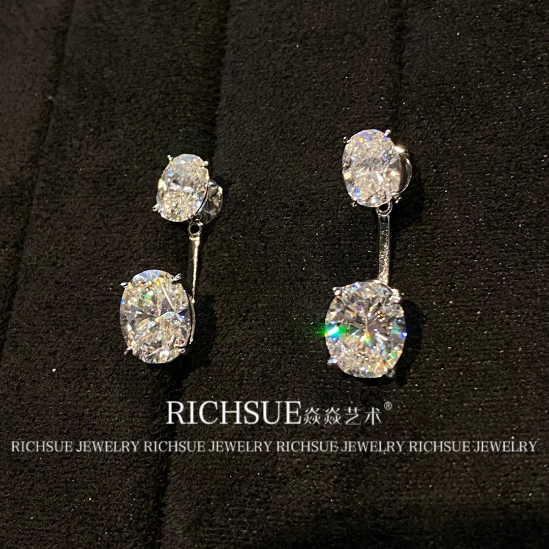 非金属合成锆石耳饰 RICHSUE 后挂式双椭圆钻耳坠耳钉s925银