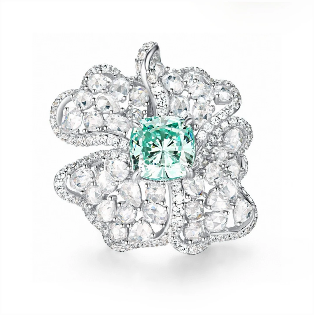 非金属合成锆石戒指 RICHSUE 设计款海棠花绿色戒指 s925银高级感