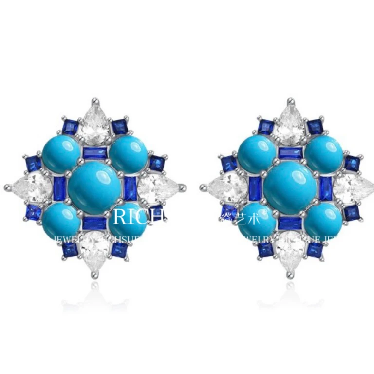 非金属合成锆石耳饰 RICHSUE 蓝色耳环 精致百搭 s925银镀金