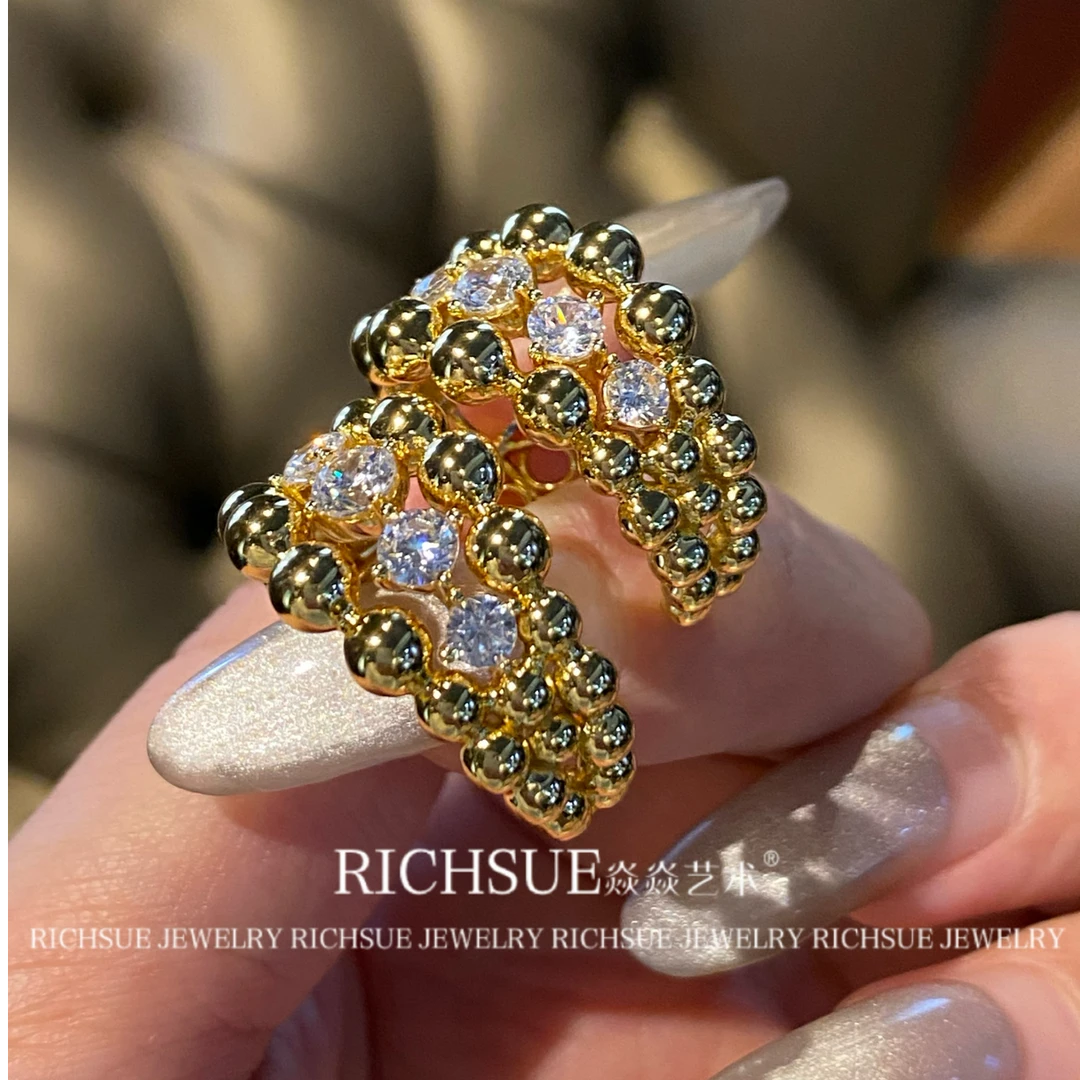 非金属合成锆石耳饰 RICHSUE 金色豆豆耳环 s925银镀金 时尚精致