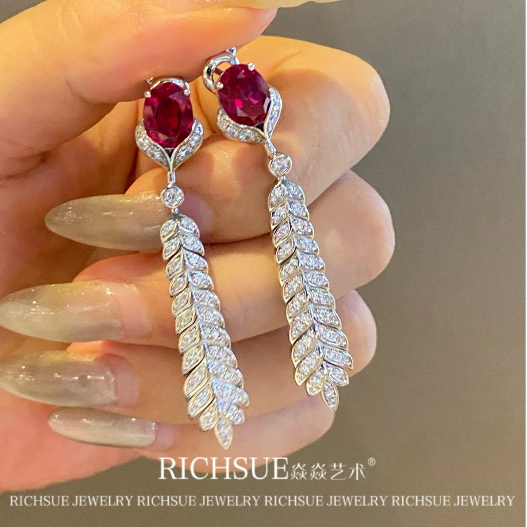 非金属合成锆石耳饰 RICHSUE 麦穗红色耳环s925银镀金 优雅贵气