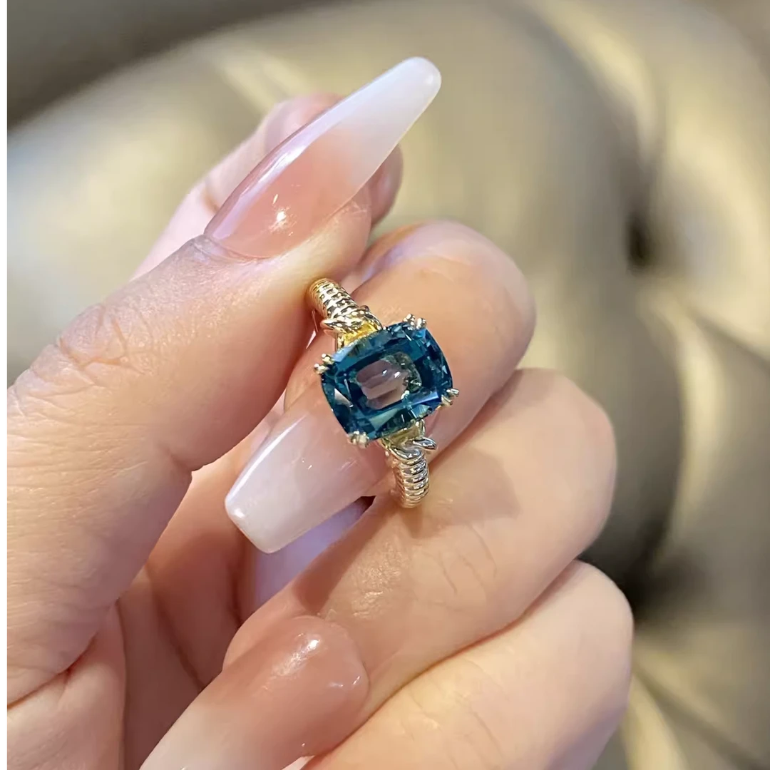 非金属合成锆石戒指 RICHSUE 简约时尚蓝色戒指 s925银镀金