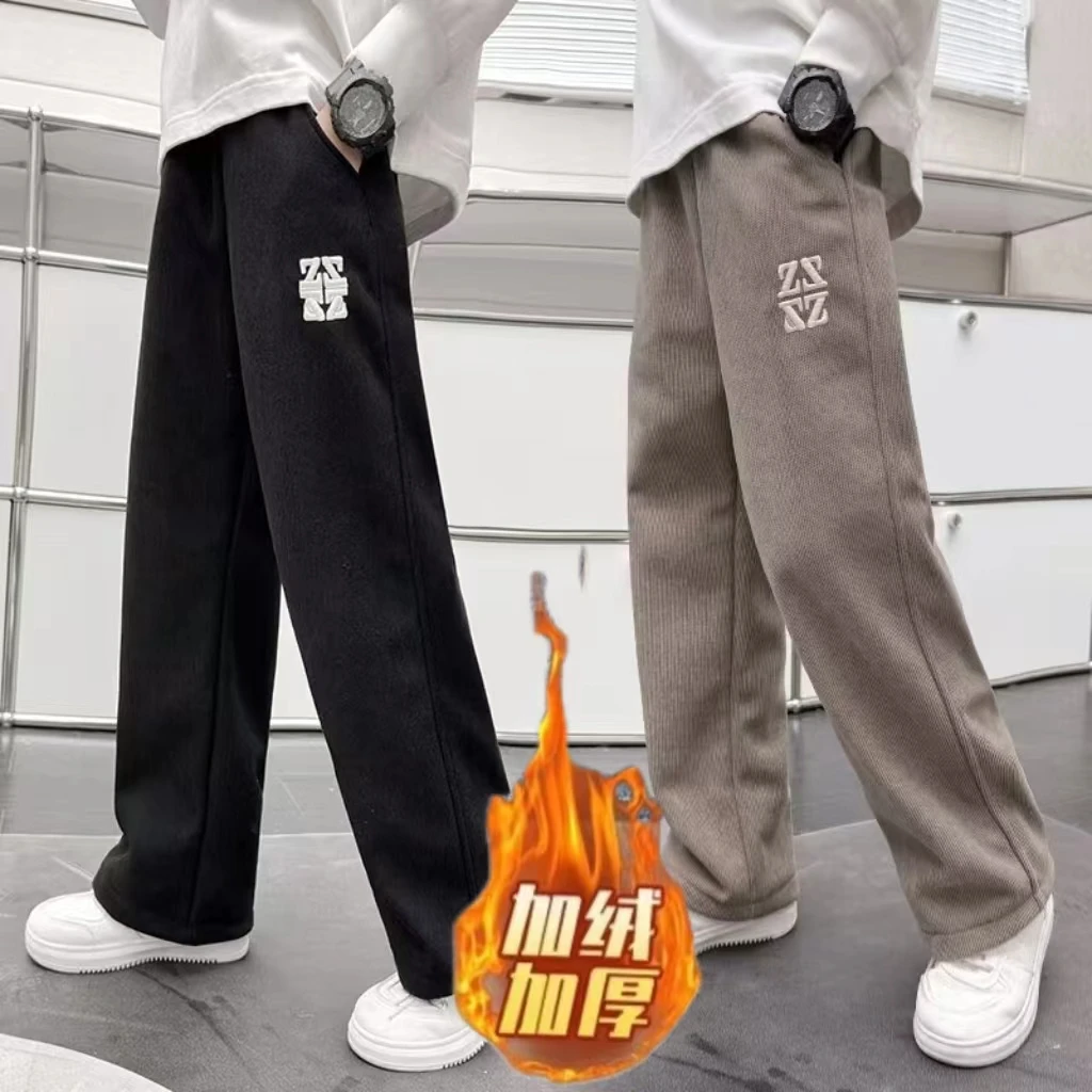 2024新款男童裤子冬季加绒灯芯绒裤子中大童男孩宽松休闲直筒长裤