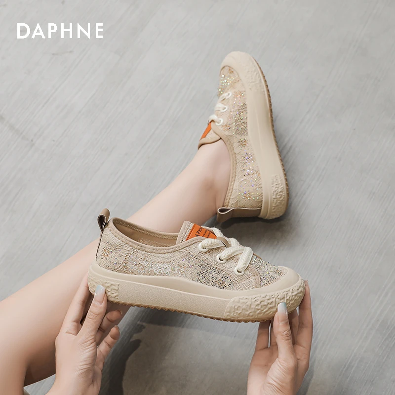 达芙妮女鞋百搭夏季透气真皮休闲鞋厚底网面蕾丝小香风舒适时尚L