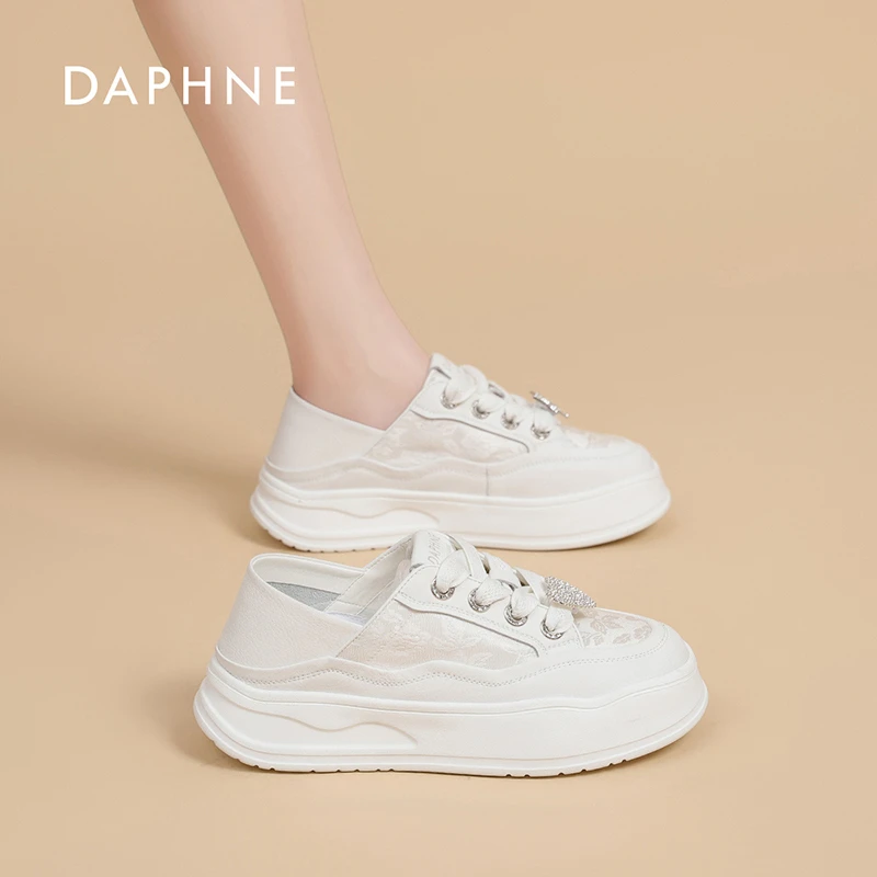 达芙妮国风真皮小白鞋女2025夏季新款中式风提花时尚百搭休闲鞋