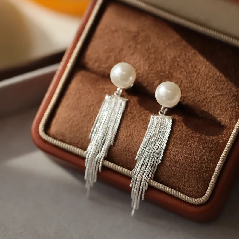 合金仿珍珠耳饰 珍珠流苏气质耳钉女新款长款耳环小众设计感耳坠