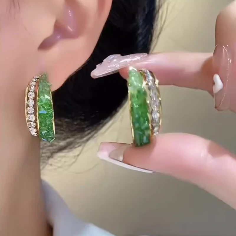 合金耳饰 满钻绿色圈圈耳钉气质时尚百搭耳饰简约个性耳圈耳环女