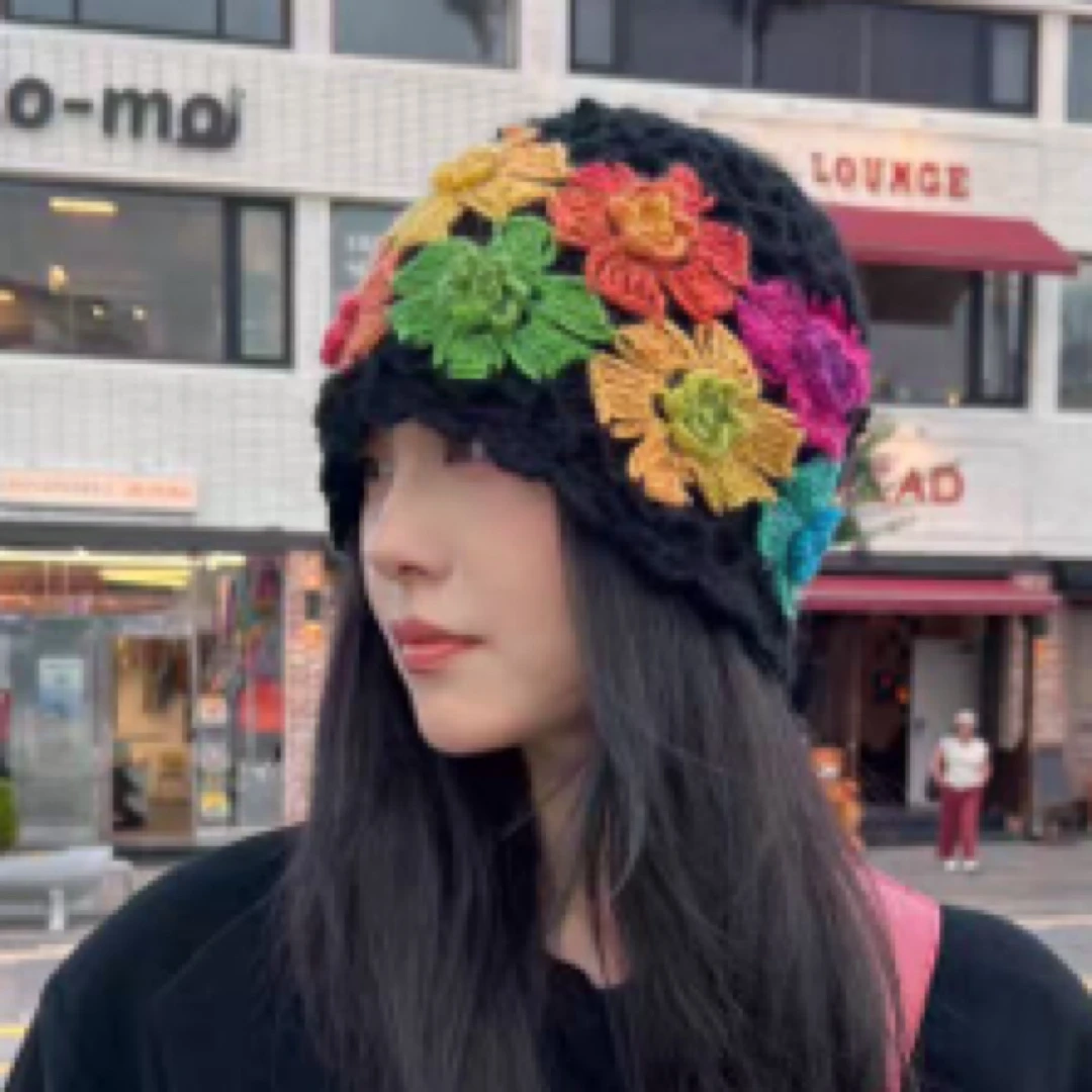 蚊子23年七彩花朵手工钩花帽子双层加厚款时尚包头帽遮白发帽子