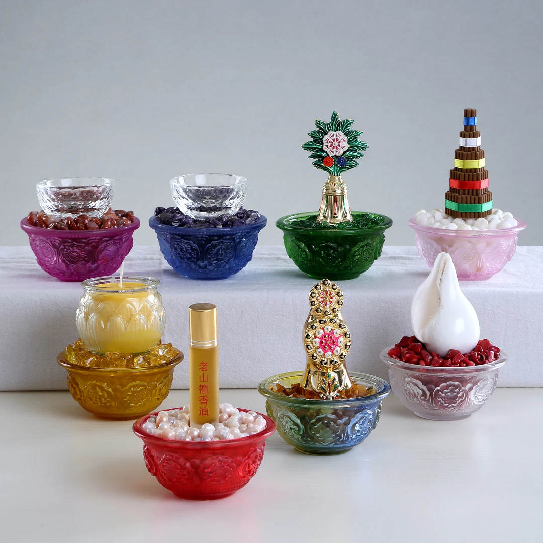 圆通工艺七彩水琉璃八吉祥供碗茶杯水杯茶碗七宝碎石新中式摆件