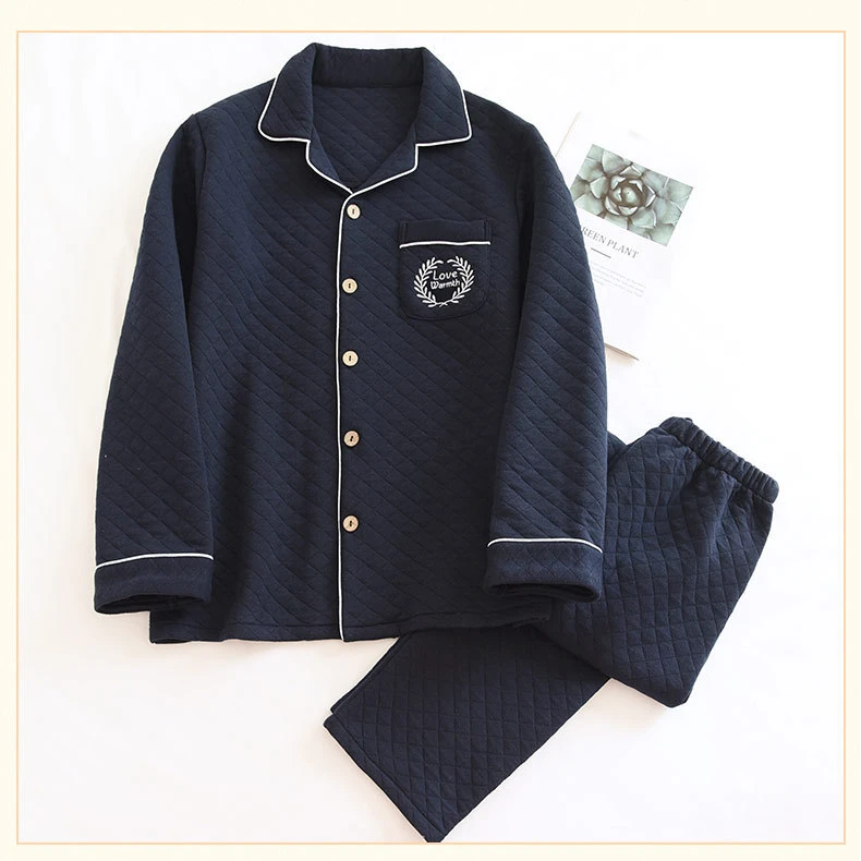 加棉加厚男士睡衣套装纯棉休闲长袖三层加厚家居服全棉保暖秋冬季