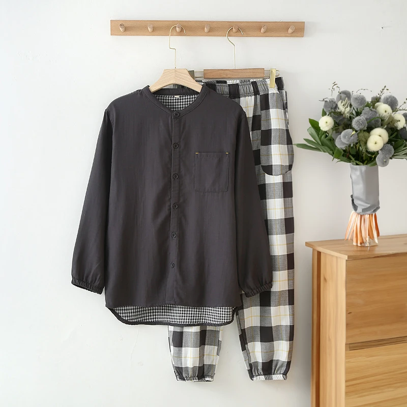 全棉秋季新款男无印秋冬季双层纱睡衣套装家居服日系格子休闲春秋
