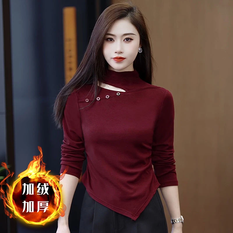 时尚加绒加厚长袖打底衫女秋冬新款保暖上衣修身显瘦半高领T恤衫