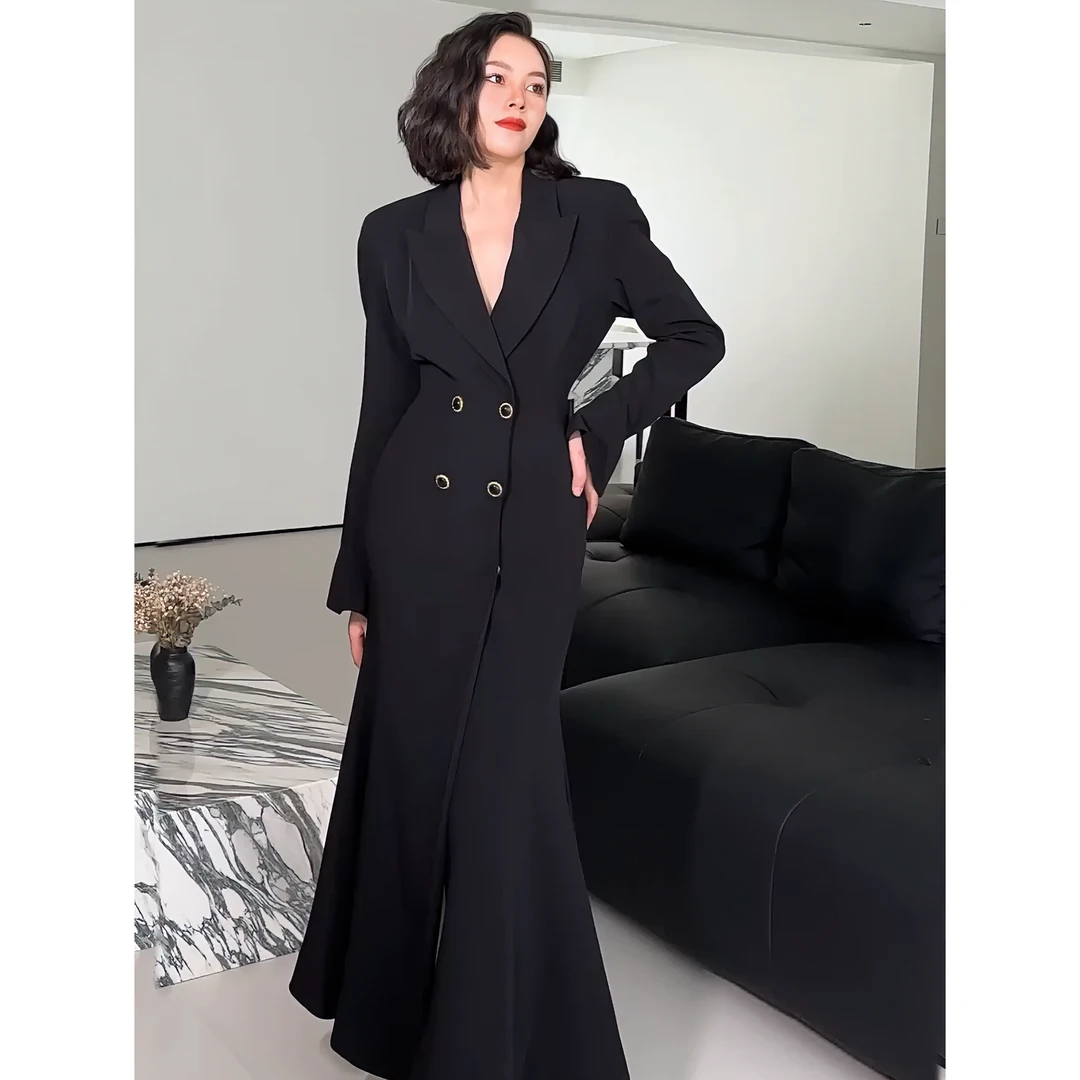 XUANYAN 气质纯色大衣外套秋季法式鱼尾连衣裙小众黑色名媛轻奢