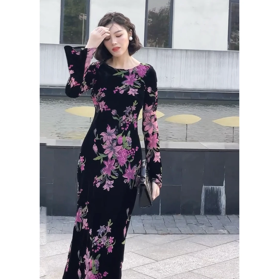 XUANYAN 气质优雅风显瘦花朵长袖连衣裙轻奢黑色复古长款连衣裙