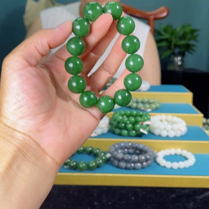 和田玉手串未镶嵌俄碧辣阳绿16