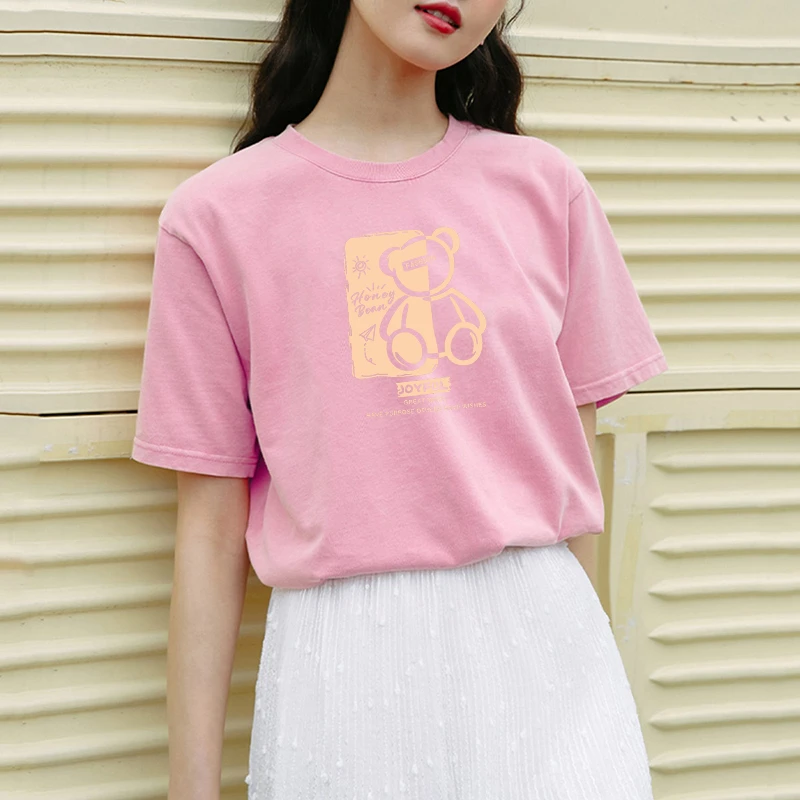 100%纯棉短袖女t恤上衣夏季女装独特漂亮减龄款宽松半袖印花款