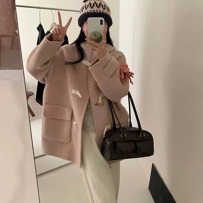 【一见倾心】牛角扣连帽双面呢大衣小个子时尚韩版显瘦毛呢外套女