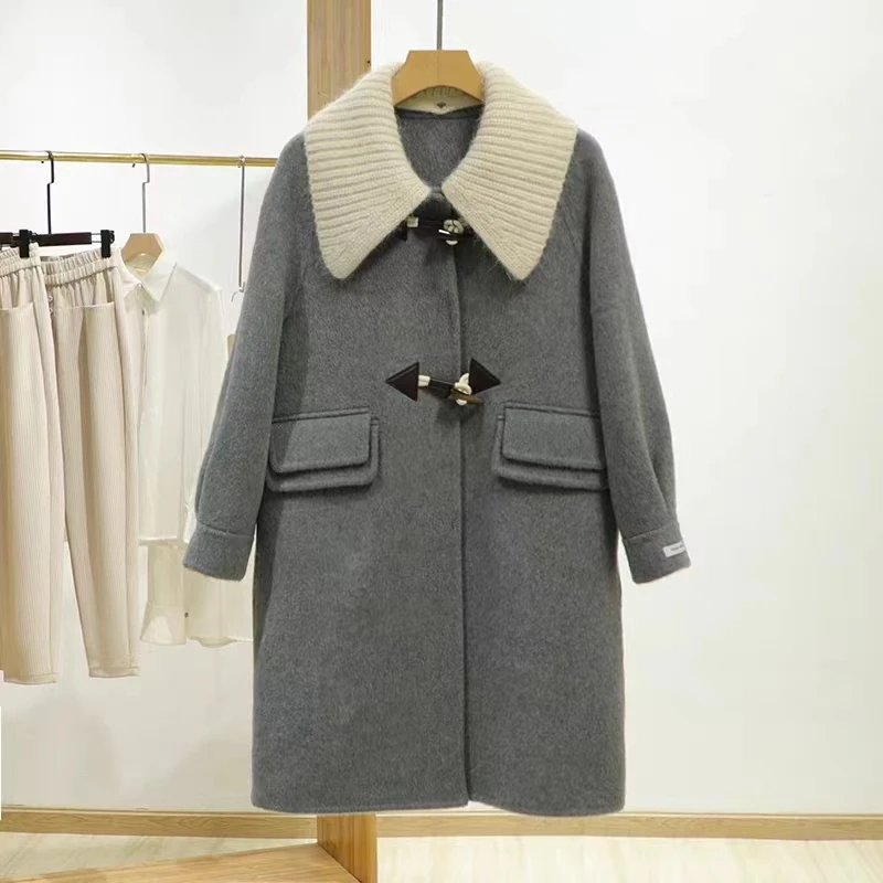 时尚可拆毛领牛角扣中长款双面呢大衣秋冬小个子百搭中长款外套女