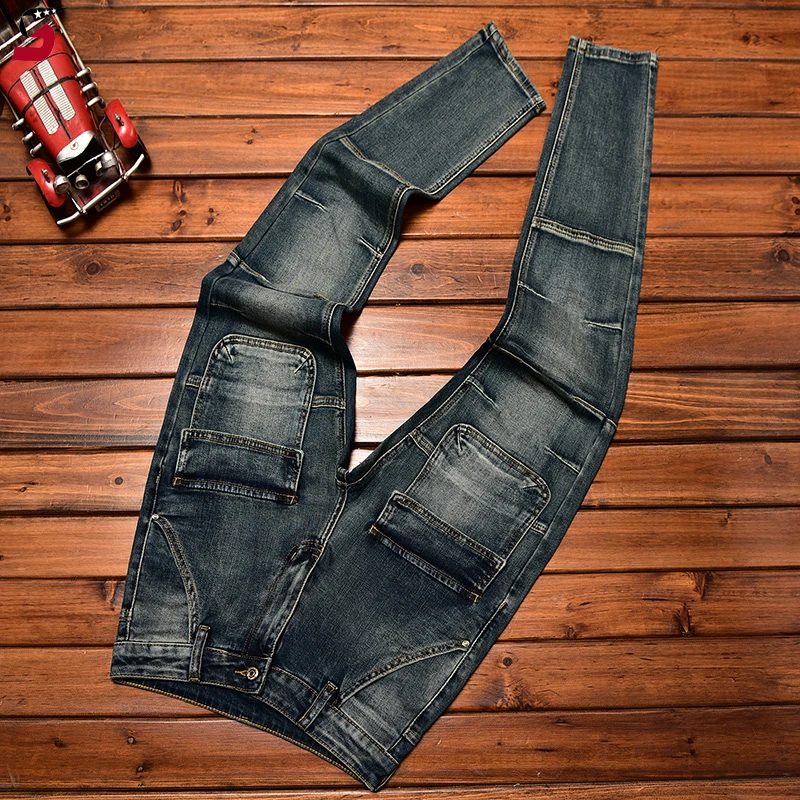 高端潮流牛仔裤男复古修身小脚裤弹力潮牌机车韩版美式痞帅长裤子