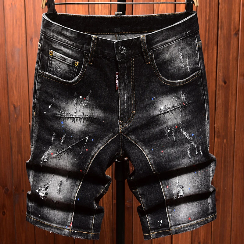 欧货牛仔短裤男款五分裤5分修身弹力休闲直筒破洞补丁潮流韩中裤
