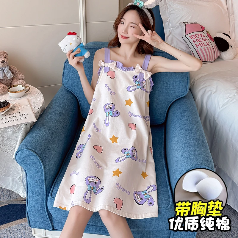 100%纯棉女睡衣夏吊带睡裙无袖带胸垫卡通凉快薄款过膝甜美家居服