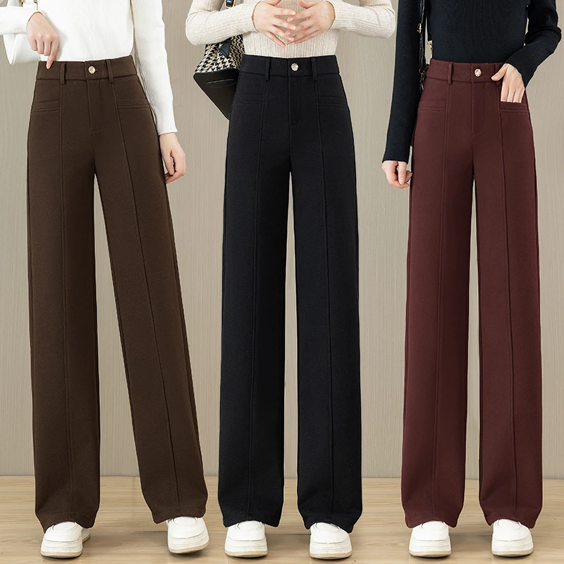 2025秋冬新款阔腿裤老钱风直筒裤女毛呢休闲百搭舒适加厚裤子女
