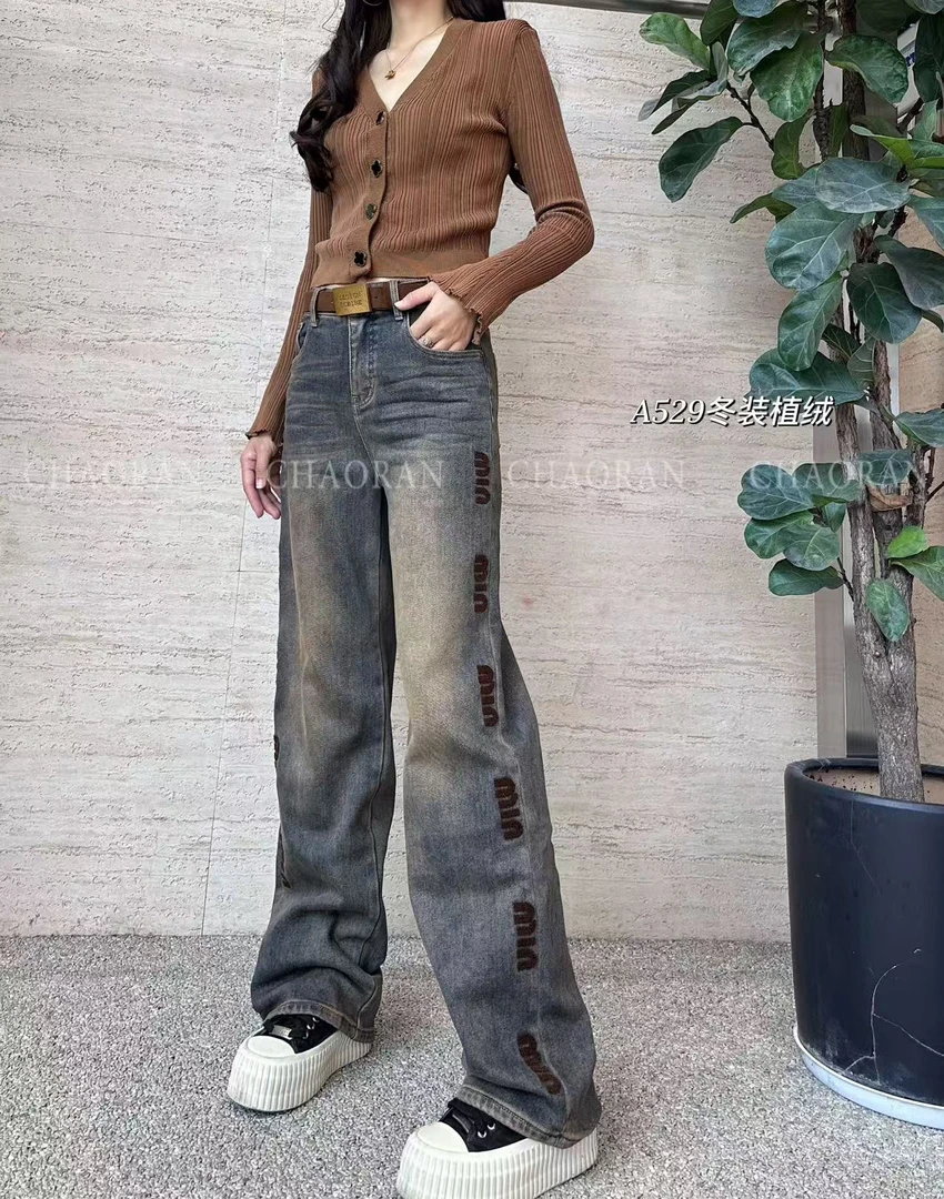 超然冬款刺绣字母植绒底牛仔直筒裤高腰复古显瘦水洗长裤A529