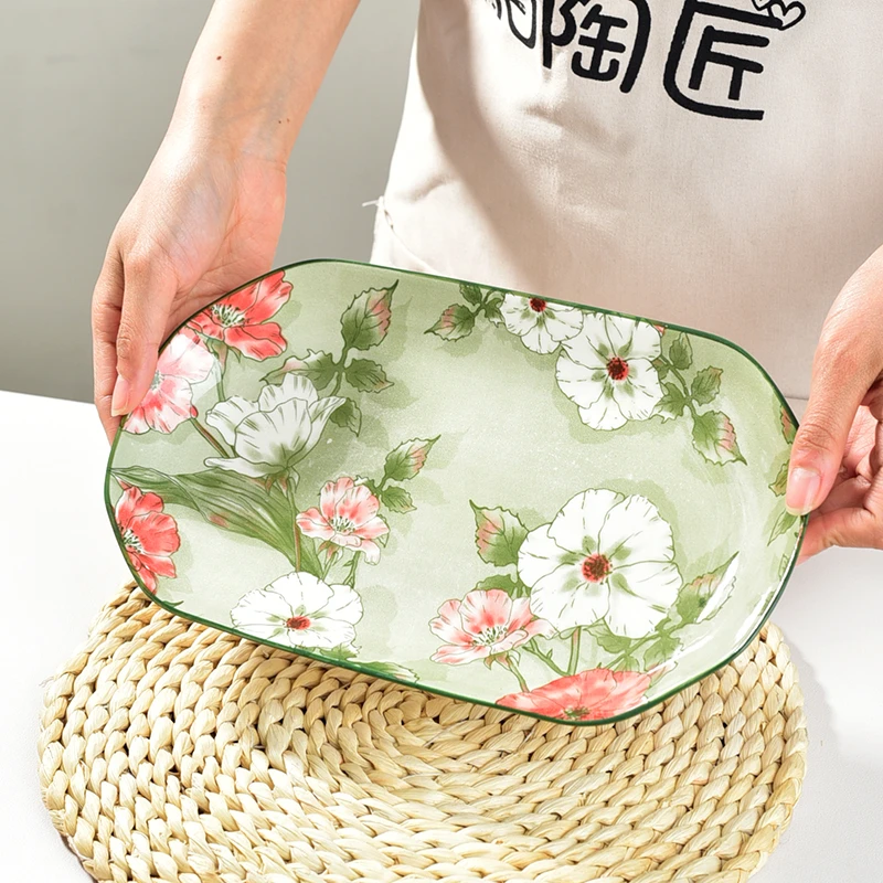 2只11英寸鱼盘网红蔷薇花语家用盘颜值釉下彩陶瓷餐具鱼盘中式盘