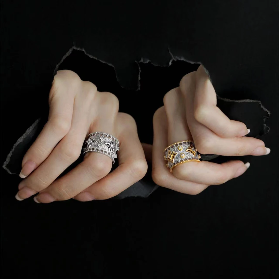 铜合金戒指 高定金拼银雪花星芒宽戒指情侣款可调节戒指满钻指环