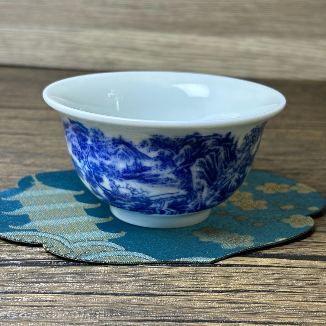 景德镇高温青花瓷手绘山水画压手杯主人杯单杯茶具个人专用茶杯