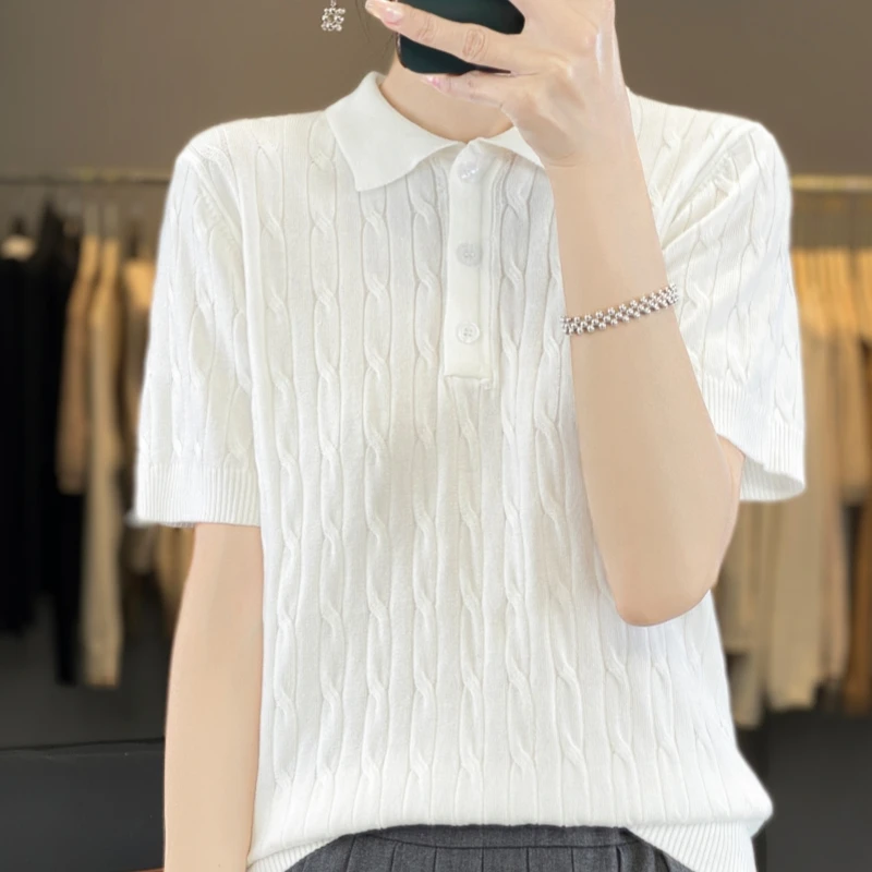 夏季新品麻花翻领莱赛尔天丝针织短袖宽松学院风Polo领洋气百搭