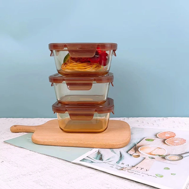 SINICON/希伲康高硼硅琥珀色正方形保鲜盒套装微波炉专用耐高温