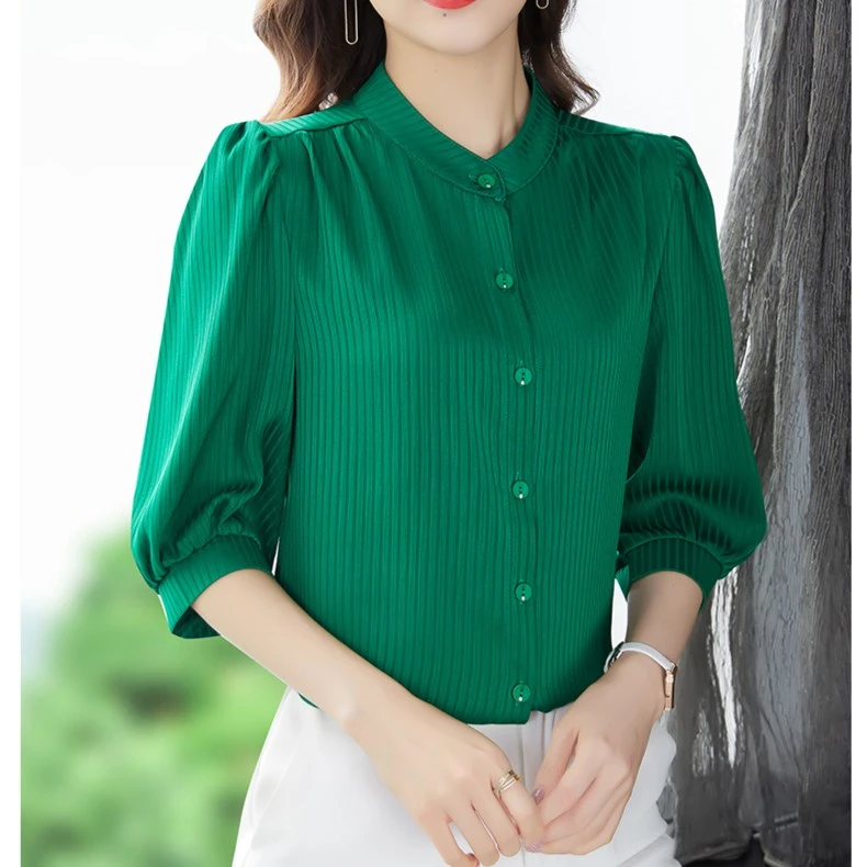 缎面条纹衬衫女短袖条纹衬衣2023春夏季新款七分袖上衣高档洋气