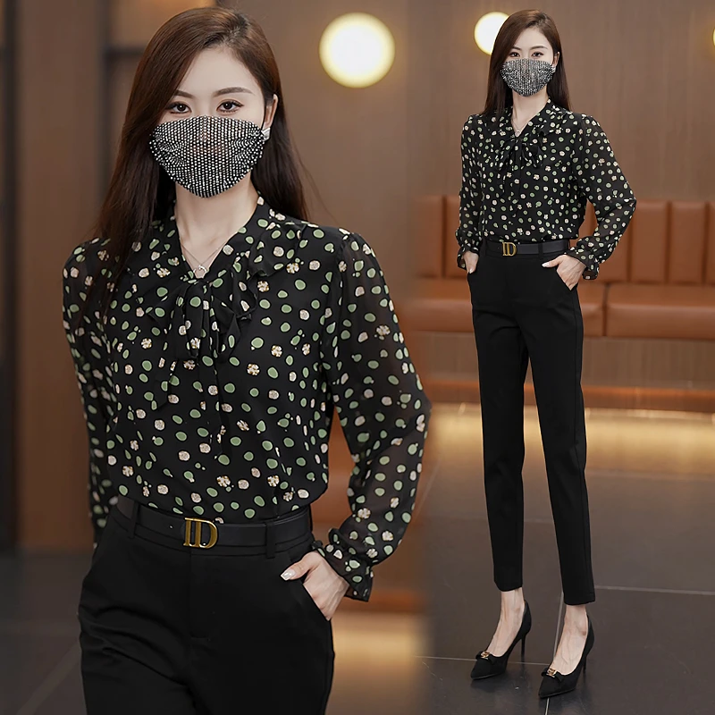 漂亮时尚的衬衣衬衫女雪纺衫印花飘带花色气质甜美别致法式上衣