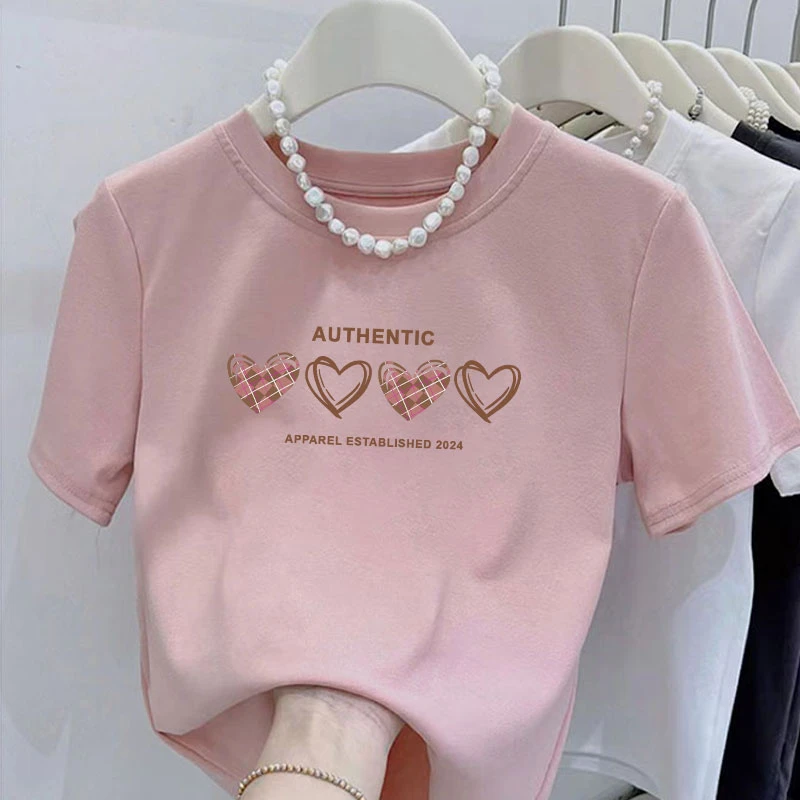 2025夏季爱心短袖T恤圆领小个子印花时尚修身上衣显瘦百搭上衣